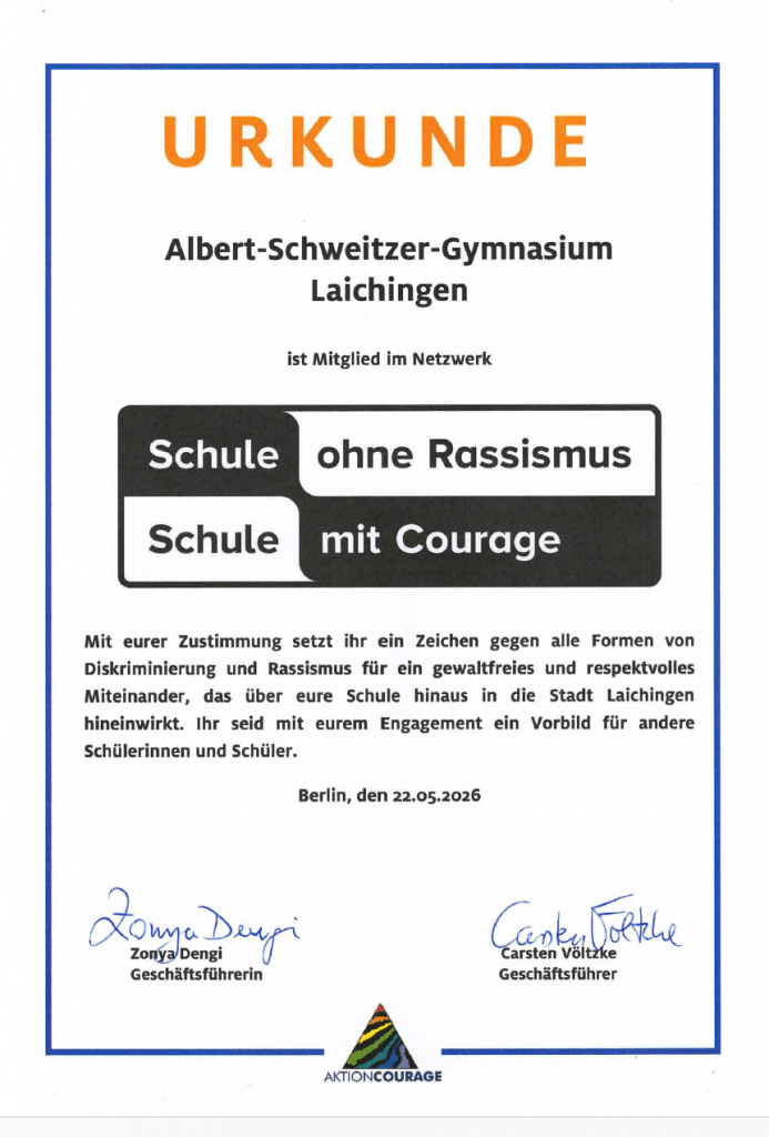 Urkunde Schule ohne Rassismus