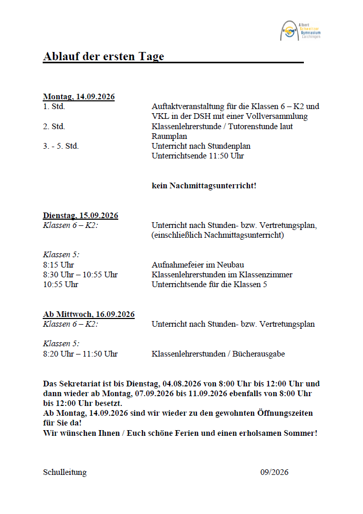 Ablauf erste Schultage 26/27