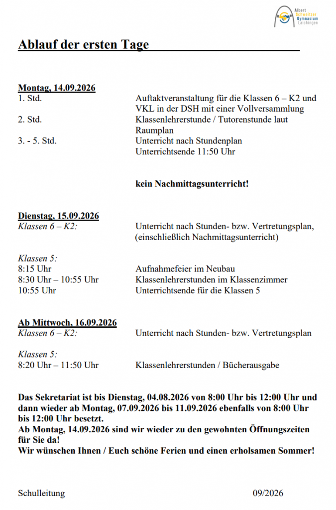 Ablauf erste Schultage 26/27